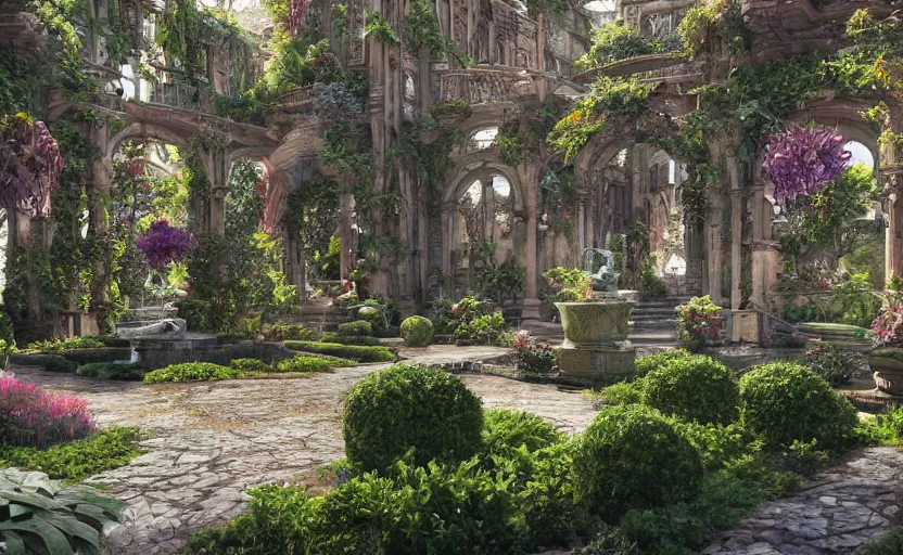 Image similar to A beautiful garden, next to a fountain and a mystical palace, hyperrealistic mixed media, stunning 3d render inspired art by P. Craig Russell and Barry Windsor-Smith + perfect facial symmetry + dim volumetric lighting, 8k octane beautifully detailed render, post-processing, extremely hyperdetailed, intricate futuristic mechanic parts, epic composition, grim yet sparkling atmosphere, cinematic lighting + masterpiece, trending on artstation