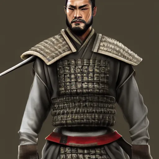 Prompt: hyper realistic concept art character of a handsome characteristic samurai fighter with an intense stare