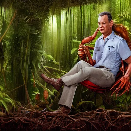 Image similar to Tom Hanks as forrest gump sitting on a giant shrimp in the jungle, realistic digital painting, in the style of Aleksi Briclot, photoreailstic, realistic face, amazing detail, sharp