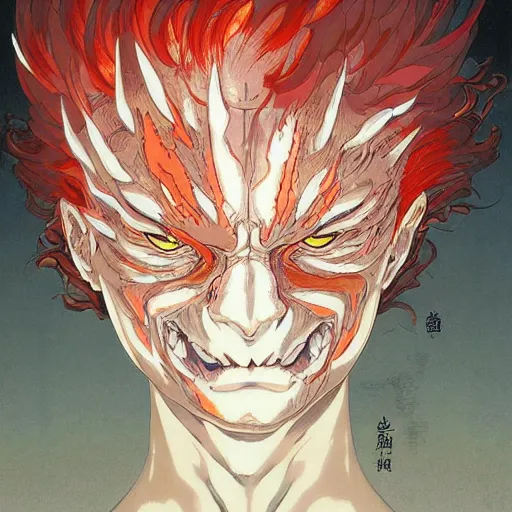 Image similar to prompt : demon portrait soft light painted by james jean and katsuhiro otomo, inspired by evangeleon anime, smooth face feature, intricate oil painting, high detail illustration, sharp high detail, manga and anime 1 9 9 0