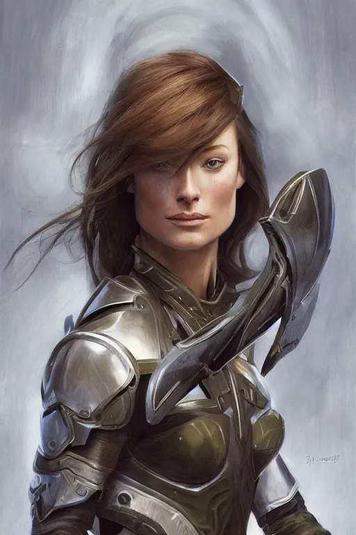 Image similar to a professional painting of a young Olivia Wilde, clothes in military armor, olive skin, long dark hair, beautiful bone structure, symmetrical facial features, intricate, elegant, digital painting, concept art, smooth, sharp focus, illustration, from StarCraft by Ruan Jia and Mandy Jurgens and Artgerm and William-Adolphe Bouguerea