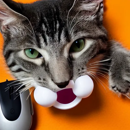 Prompt: robotic cat holding a computer mouse in his mouth