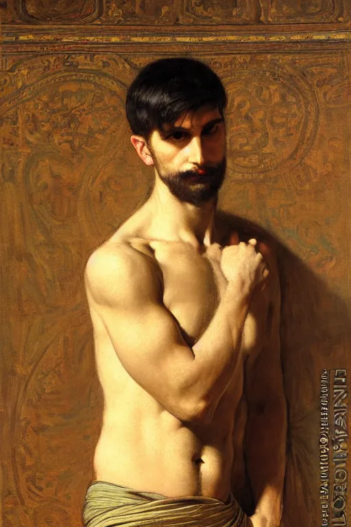 Image similar to attractive male, orientalist intricate portrait by john william waterhouse and edwin longsden long and theodore ralli and nasreddine dinet, hyper realism, dramatic lighting