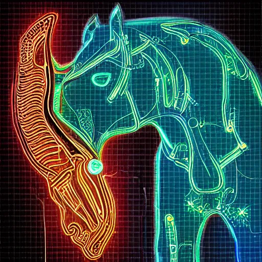 Image similar to digital horse, glowing circuit board patterns along body, retrowave palette, highly detailed, anatomically correct equine, digital art