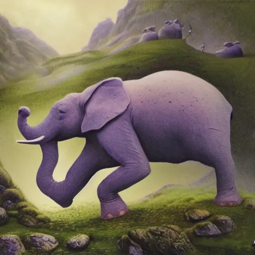 Image similar to purple elephant running stuck in a cave, close up camera angle, raining, mountain behind meadow, menacing, illustration, detailed, smooth, soft, cold, by Adolf Lachman, Shaun Tan, Surrealism