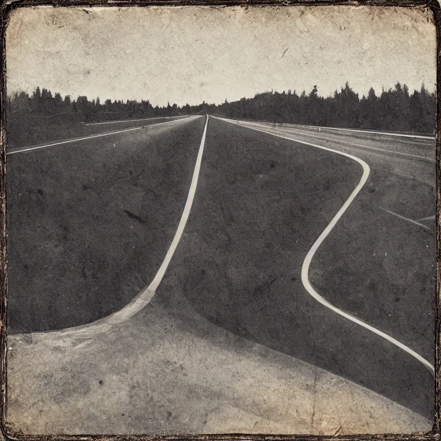 Image similar to tintype cover artwork about a sunrise highway. lighthearted mood.