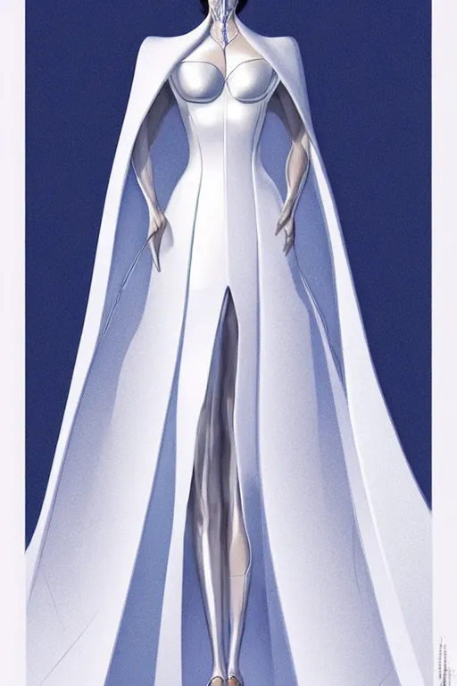 Image similar to detailed beautiful noun in opened white gold blue coat, seductive confident pose, attractive feminine curves, intricate details, futuristic, alien, elegant cape, elegant, photorealism, trending on artstation, holy halo, advanced technology, art by moebius and vitaly bulgarov and chanthara