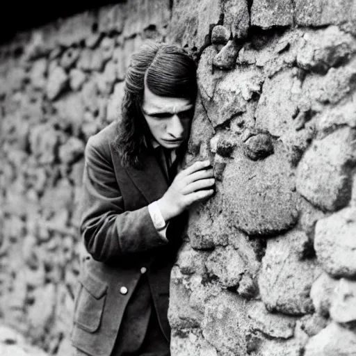 Prompt: Photograph of an utterly terrified young man with long hair on the verge of panic tears cornered against a stone wall. He is wearing a 1930s attire. He looks utterly panicked and distressed.