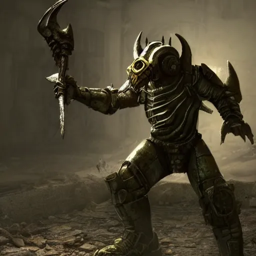Image similar to fallout concept art dragonborn render grim realistic lighting unreal engine 5