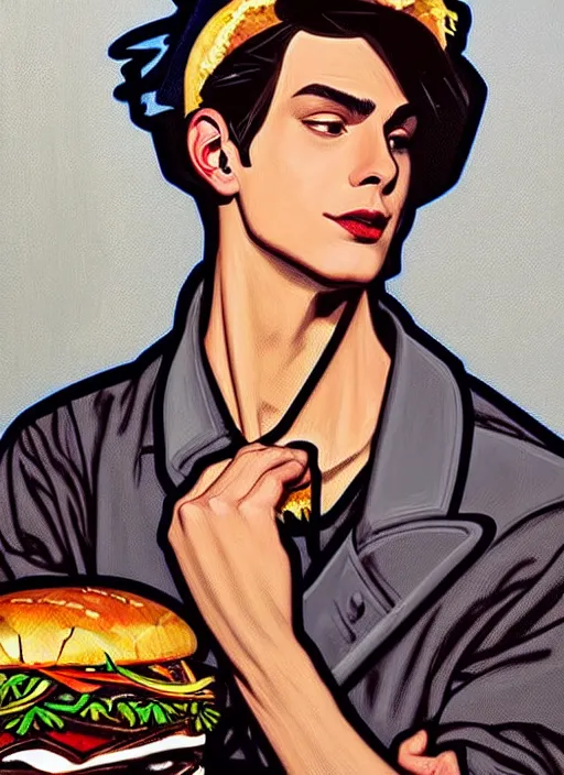 Prompt: oil painting, jughead jones wears a light grey crown, and devours a hamburger, intricate, elegant, highly detailed, lighting, painting, artstation, smooth, illustration, art by greg rutowski and alphonse mucha