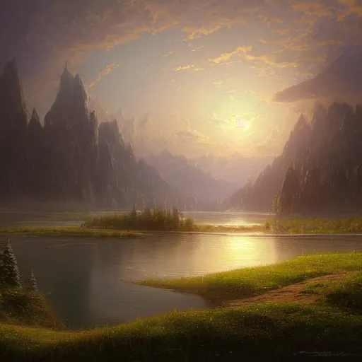 Prompt: a very beautiful scenic view, simple, consistent and high quality big lake landscape painting by tyler edlin, albert bierstadt, ivan shishkin, anton fadeev and beeple, # vfxfriday, vivid, velvia, hyper realistic, wide angle, detailed, masterpiece, 8 k resolution, matte painting, trending on artstation