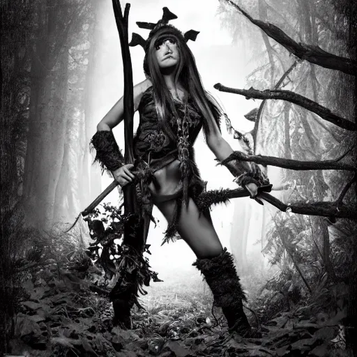 Image similar to deep gnome druid with leather clothing and leaves and sticks in her hair, photo by annie leibovitz b&w