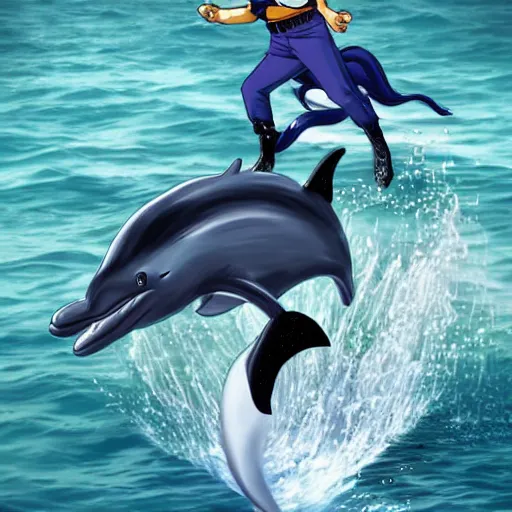 Prompt: Jotaro Kujo riding a dolphin