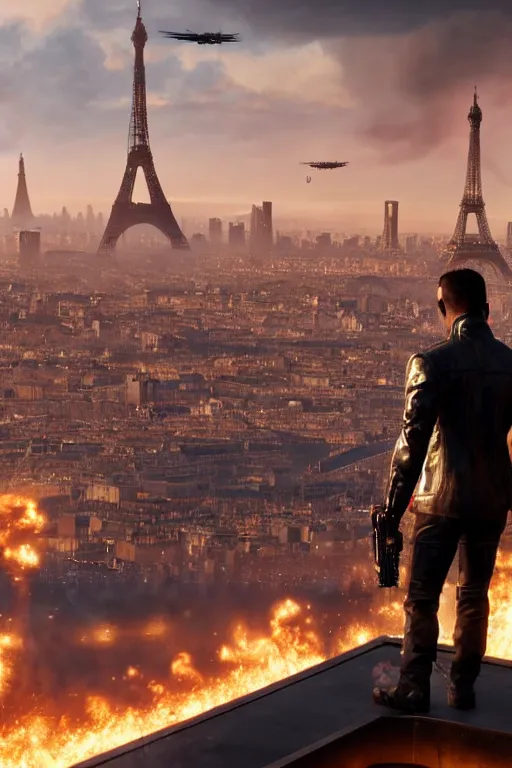 Image similar to in the foreground Paris, in the background a dark-haired man from behind playing with black flames coming out of his hands wearing a long matrix-style jacket, realistic, high definition, many details, dramatic scene, symmetrical face, realistic eyes, art of cyberpunk 2077