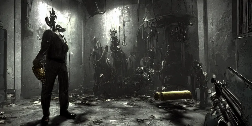 Image similar to bioshock big daddy bouncer in a dark hallway, grimy, grungy, rapture.