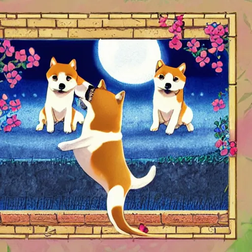 Prompt: shiba inu dogs singing happy birthday, Nintendo game art, Hayao Miyazaki, intricate detail, illustration, beautiful lighting,