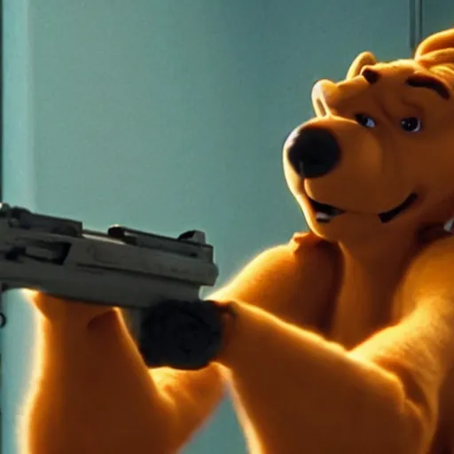 Image similar to scooby doo holding a gun, film still from the movie directed by denis villeneuve with art direction by bill ward, wide lens