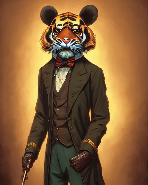 Prompt: anthropomorphic art of a detective tiger, victorian inspired clothing by artgerm, victo ngai, ryohei hase, artstation. fractal papersand books. highly detailed digital painting, smooth, global illumination, fantasy art by greg rutkowsky, karl spitzweg