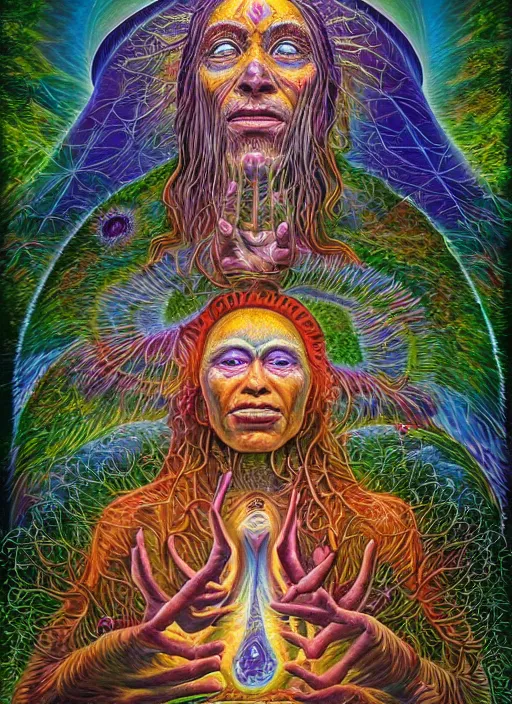 Image similar to a shaman visiting the upper spiritual worlds, surrealist, dmt, dmt, 5 meodmt, blissful landscape, love, high defined jungle, mother ayahuasca, ecstasy, bliss, sanctuary, sacred, vladimir kush art style, alex grey art style.