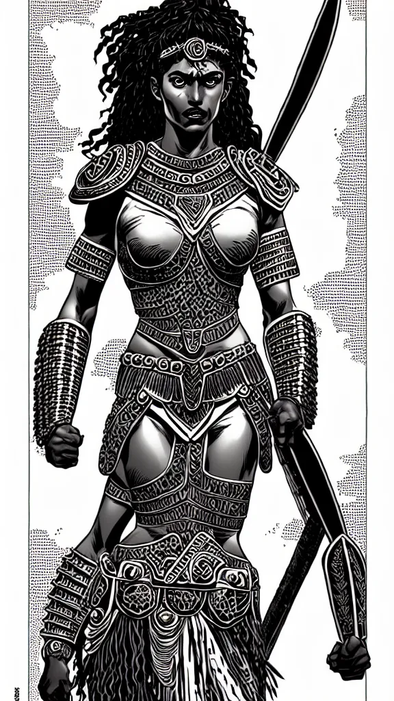 Image similar to greek amazon warrior, a tall beautiful woman with brown skin and long curly dark hair, dressed in hellenistic body armour, intricate, elegant, highly detailed, smooth, sharp focus, detailed face, high contrast, graphic novel, black and white, art by laurie greasley