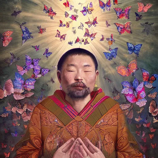 Prompt: man surrounded by butterflies, celestial light, divine, by the artist Donglu Yu