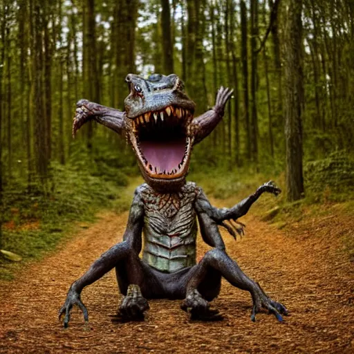 Prompt: werecreature consisting of a alligator and a human,! werealligator, golden hour, photograph captured in a forest