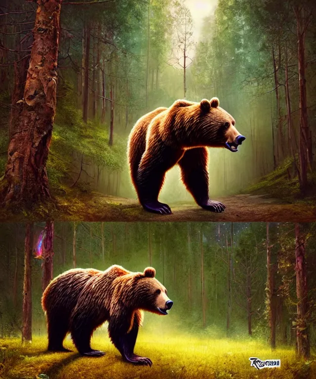 Image similar to a realistic brown bear, walking through a psychedelic forest, wide angle landscape shot, pixar style by tristan eaton, artgerm and tom bagshaw