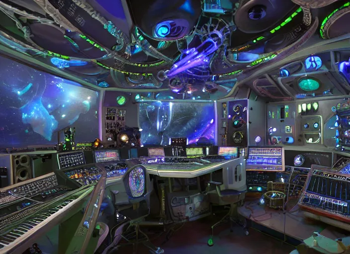 Image similar to a space station recording studio filled with strange surrealist detailed alien electronic musical-instruments!! with blinking LEDs and oscilloscopes on screens in detailed alien interiors, backlit fog, designed by Larry Elmore Kerlaft and Pixar, photorealistic, 3d render, award winning render, unreal engine, octane render, studio lighting, 8k, hd