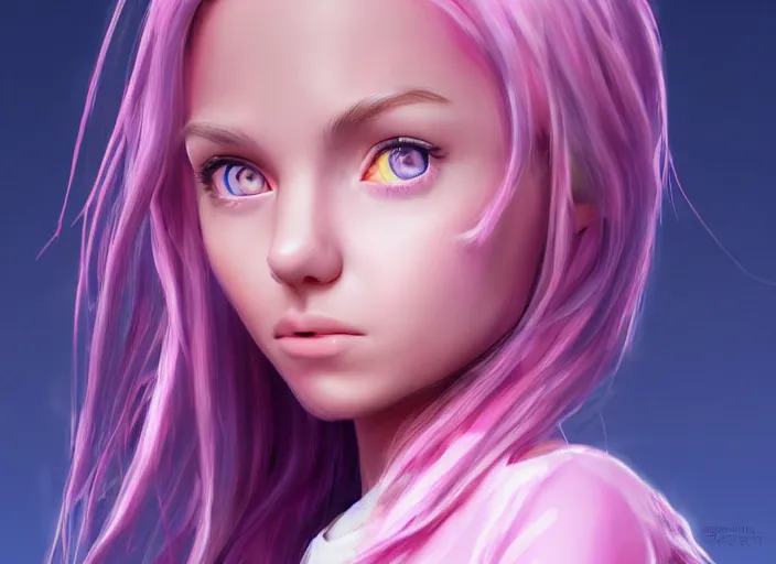 Prompt: concept art for the main character in the award winning film named life is better in pink. the character is a unnaturally beautiful teenage girl with deep dark blue eyes and long curled pink hair, wearing light pink clothes. realistic cg render, anatomically correct, high key lighting, trending on art station, vibrant colors. cute and highly detailed eyes.