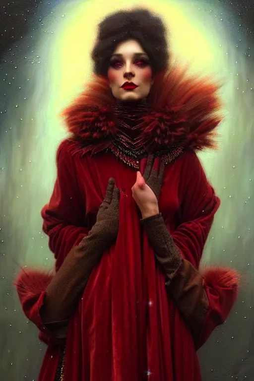 Prompt: Nocturne, glowing, stars, a portrait of a beautiful female shadow djinn creature with long fur collar, highly detailed, mysterious, ethereal, dressed in red velvet, haute couture, illustration, dramatic lighting, soft details, painting, by Edmund Blair Leighton, Brom, Charlie Bowater, trending on artstation, faces by Tom Bagshaw, otto schmidt