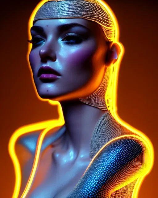 Image similar to 3 d front pose render, stunning beautiful young girl alluring biomech - cyberpunk model with a porcelain profile face, rim light, big neon circiuts and lines, borders, fine detail, lace, alexander mcqueen, art nouveau fashion embroidered collar, dieselpunk, neon filigree details, hexagonal mesh wire, ifs reflection, elegant, artstation trending