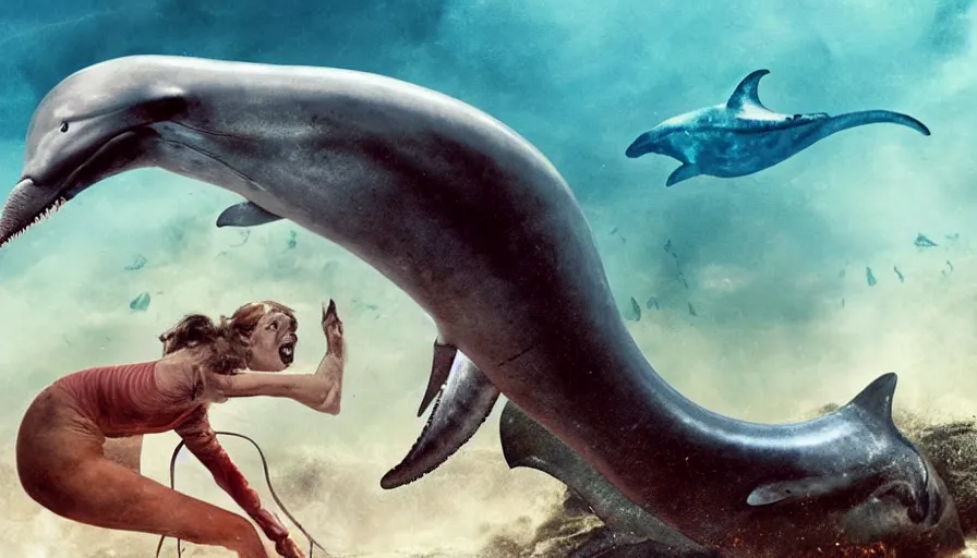 Image similar to big budget horror movie about a carnivorous giant cyborg earthworm attacking a robot dolphin