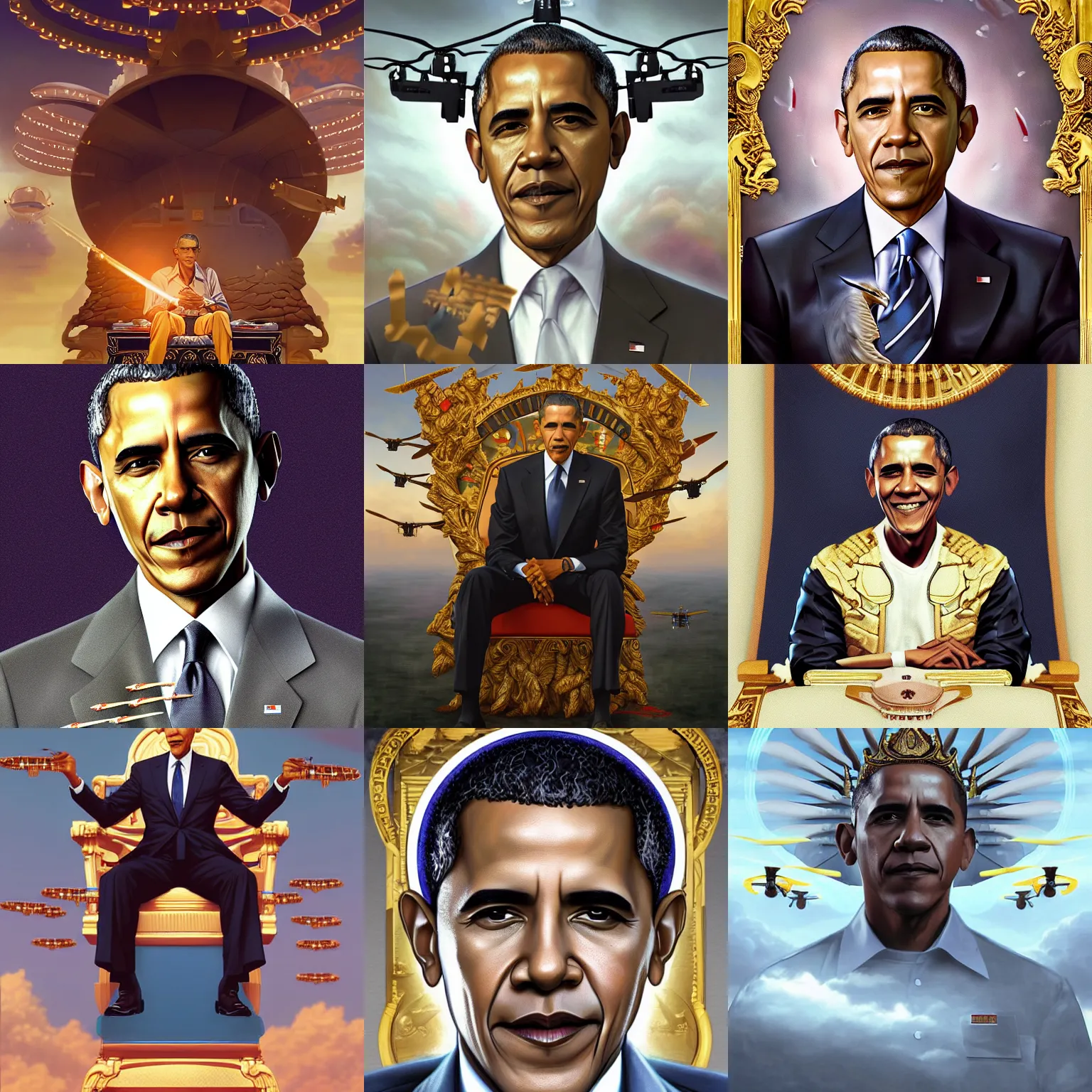 Prompt: digital illustration of Barack Obama (played by Barack Obama) The Drone King sitting in the sky on a golden throne with MQ-1 Predator Drones (military) flying out from under it, intricate details, By Ruan Jia and Stanley Artgerm, Range Murata and WLOP and Ross Tran and William-Adolphe Bouguereau. Key Art. Fantasy Illustration. award winning, Artstation, smooth, Hyperdetailed, 8k resolution.