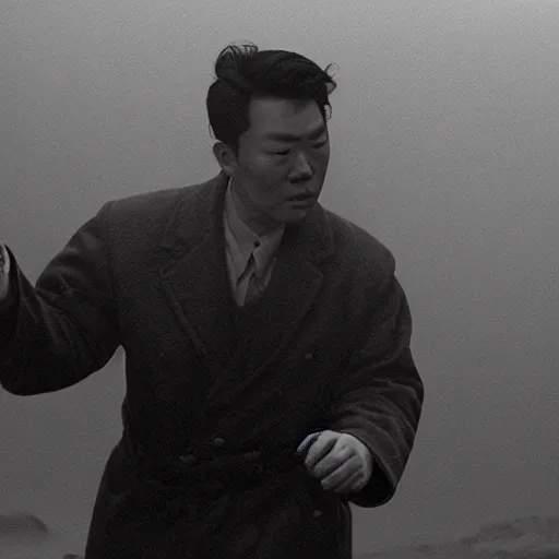 Image similar to a man in the fog with a starfish monster emerging above, 1950s Korean film noir in the style of Orson Welles