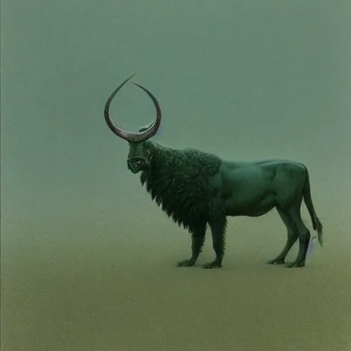 Image similar to a creature with the body and eyes of a man, with the beak of an eagle, the mane of a lion, and the horns of an ox. drawn by zdzislaw beksinski, green, pink, blue