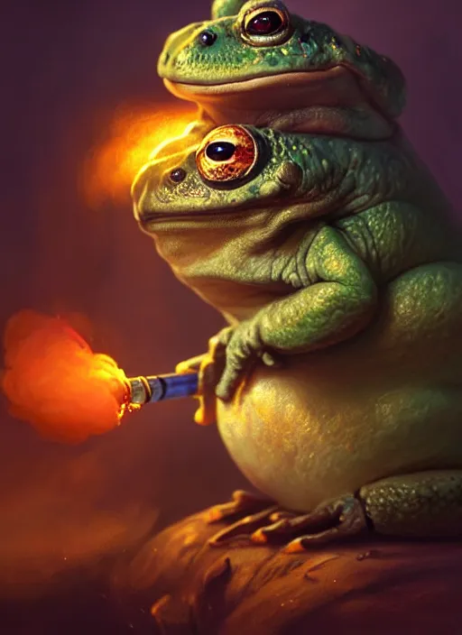 Image similar to cute toad smoking a pipe with colored smoke, subsurface scattering, by jesper ejsing, justin gerard, tomasz alen kopera, cgsociety and fenghua zhong, highly detailed, rim light, cinematic lighting, illustration, art, octane render, very coherent, cinematic, hyper realism, high detail, octane render, 8 k