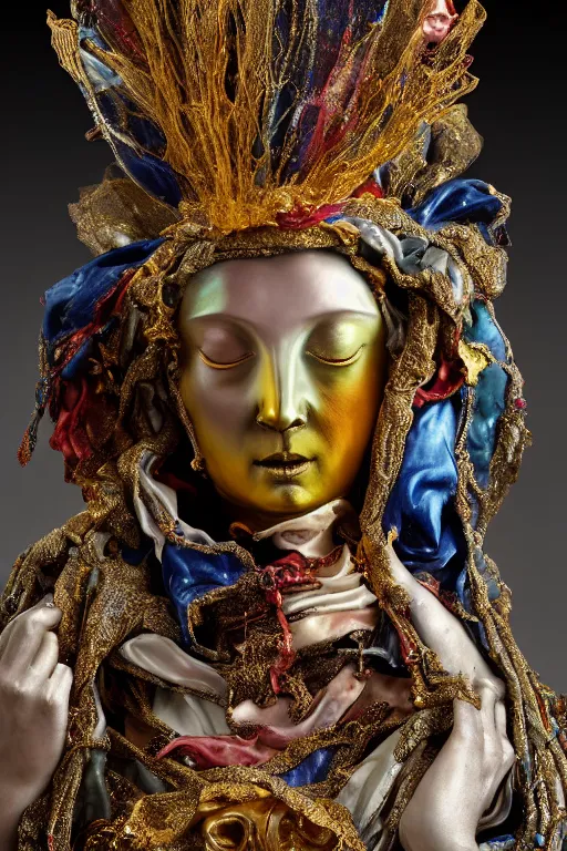 Prompt: stained cracked porcelain statue of wired matte sacred old queen, sculpture with metallic polished intricated surface, dressed with a colorful torn silk cloak and gold ornaments, made by antonio corradini, and dug stanat macabre art, dark surrealism, epic and cinematic view, volummetric light, texturized, detailed, venezian carnival, high graphics 8 k