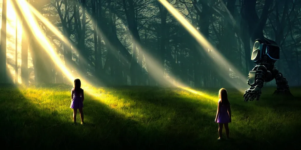 Prompt: sci - fi scene future new york, little girl holding the hand of a giant robot, forest punk, crepuscular rays, epic scene, hyper realistic, photo realistic, 8 k resolution, overgrowth, cinematic atmosphere, ethereal lighting,