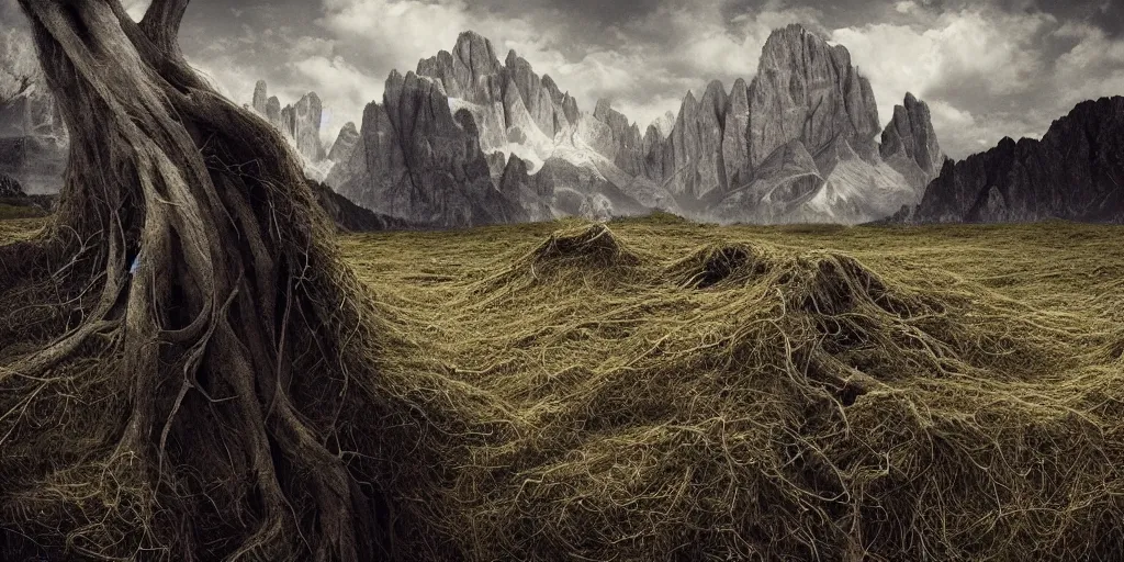 Image similar to roots overgrowing dolomites ,roots and hay coat, dolomites in background, dark, eerie, despair, portrait photography, artstation, digital art, concept art, artstation, highly detailed, sharp focus, by caravaggio