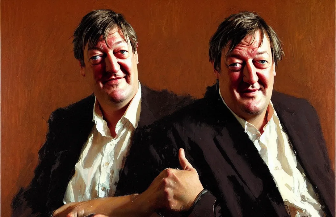 Image similar to portrait of stephen fry!!!!!!!!!!!!!!!!!!!!!!!!!!!, detailed face, detailed painting, epic lighting, by ilya repin, phil hale and kent williams