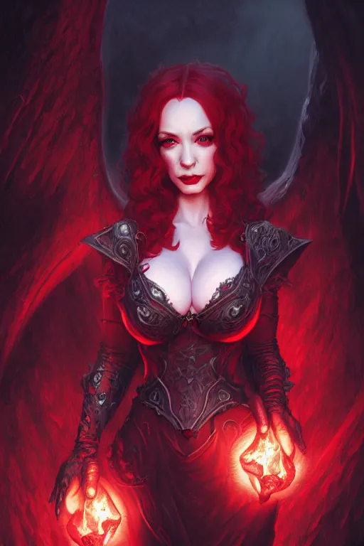 Image similar to christina hendricks as a succubus, glowing red eyes, very dark environment, misty atmosphere, closeup, d & d, fantasy, intricate, elegant, highly detailed, digital painting, artstation, concept art, matte, sharp focus, illustration, hearthstone, art by artgerm and greg rutkowski and alphonse mucha