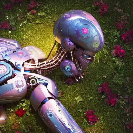 Image similar to side view of a beautiful abandoned human - shaped robot laying on the ground, overgrown foliage with flowers taking over it, close - up, 3 5 mm, biopunk, bokeh, beautiful, lens flare, emotional, detailed, picture, trending on artstation, award - winning, shiny, golden, angle view, octane render