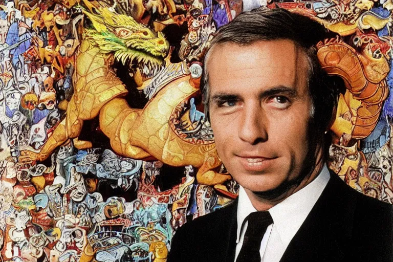 Prompt: 1 9 7 9 cnn news anchor played by a dragon. perfectly symmetrical face, highly detailed, masterpiece.