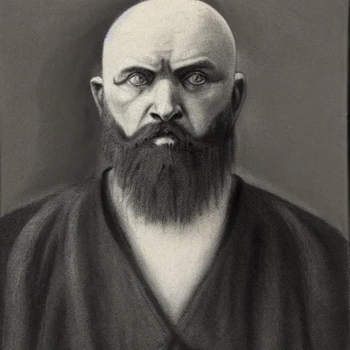 Image similar to charcoal portrait of an early 20th century russian, black robes bald, beardless, no eyebrows