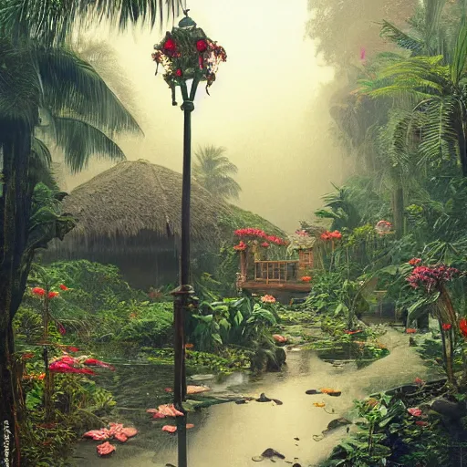 Image similar to tropical island, ornate, beautiful, atmosphere, vibe, mist, smoke, fire, chimney, rain, wet, pristine, puddles, melting, dripping, snow, creek, lush, ice, bridge, forest, roses, flowers, by stanley artgerm lau, greg rutkowski, thomas kindkade, alphonse mucha, loish, norman rockwell