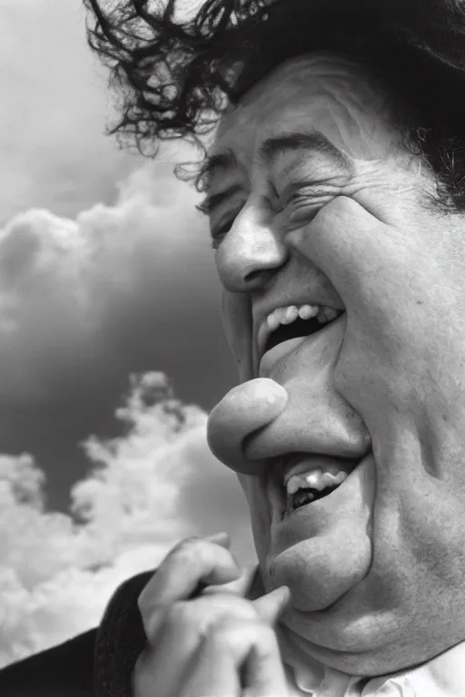 Prompt: close - up, photography of coluche laughing, photography of pierre desproges laughing, clouds everywhere