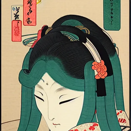 Image similar to beautiful portrait ukiyo - e painting of hatsune miku, by kano hideyori, kano tan'yu, kaigetsudo ando, miyagawa choshun, okumura masanobu, kitagawa utamaro