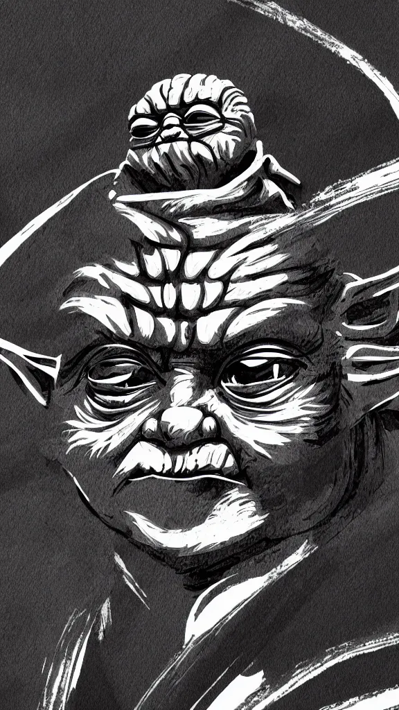 Image similar to a portrait of yoda as japanese ink calligraphy. brush strokes. harsh ink lines. color harmony, 8 k detail, gallery quality, hd wallpaper, premium prints available, hyper - detailed, intricate design.