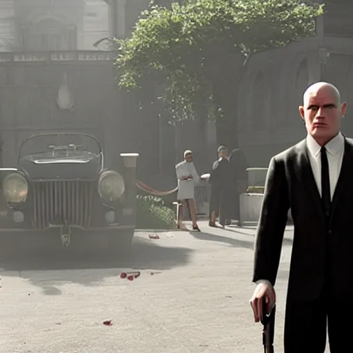 Prompt: Charlie Chaplan as Agent 47 in 'Hitman'