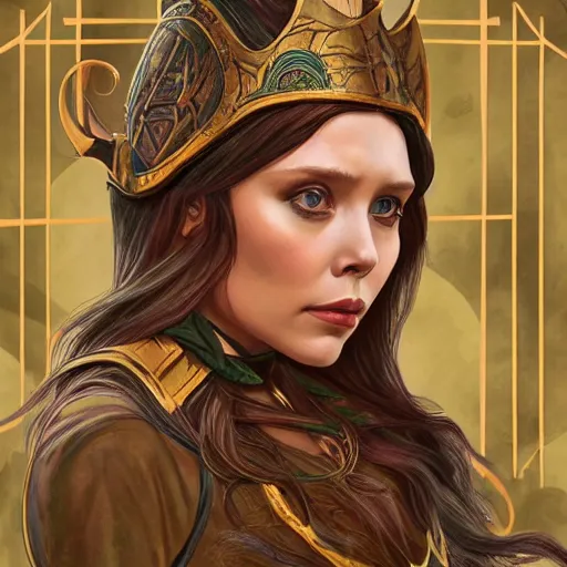 Image similar to Elizabeth Olsen as a elf archer, cute, fantasy, intricate, elegant, highly detailed, centered, digital painting, artstation, concept art, smooth, sharp focus, illustration, art by artgerm and H R Giger and alphonse mucha